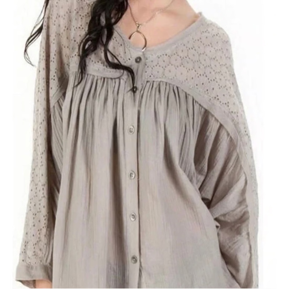 Free People Two to Tango Top Gray Eyelet Button Down Blouse